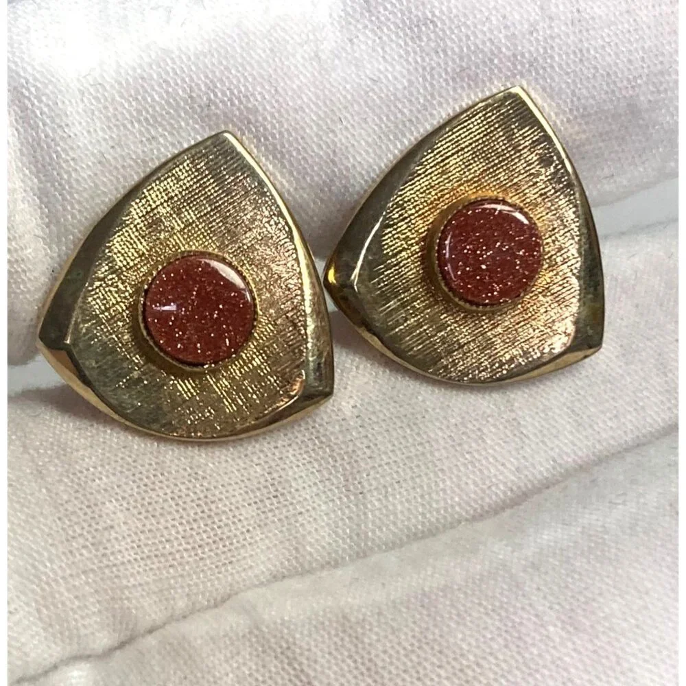 Vintage MCM Gold Tone Triangle Cufflinks Goldstone Sparkly Orange Stone